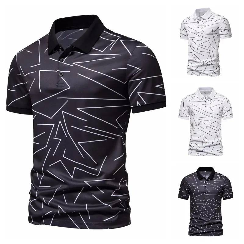 Men's Black White Line Graphic Polo Shirt Short Sleeve — feature 3