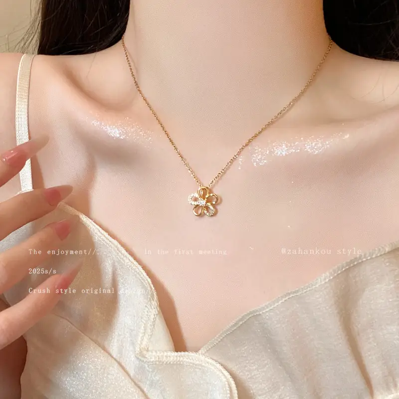 Titanium Steel Zircon Bow Clavicle Necklace for Women - Image 23