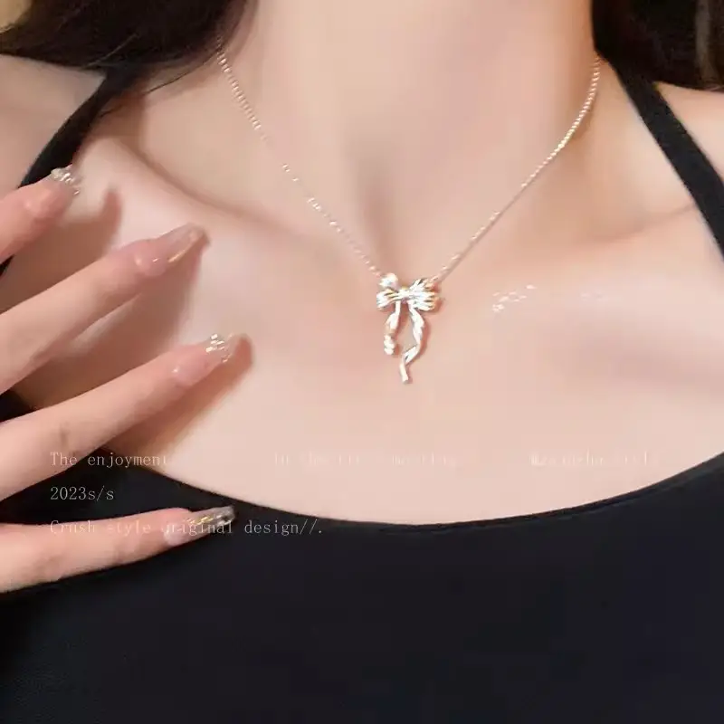 Titanium Steel Zircon Bow Clavicle Necklace for Women - Image 28