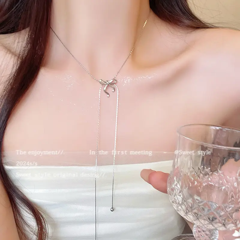 Titanium Steel Zircon Bow Clavicle Necklace for Women - Image 36