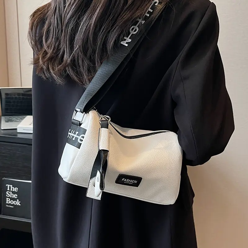Women's Black Leather Shoulder Crossbody Bag with Wide Strap