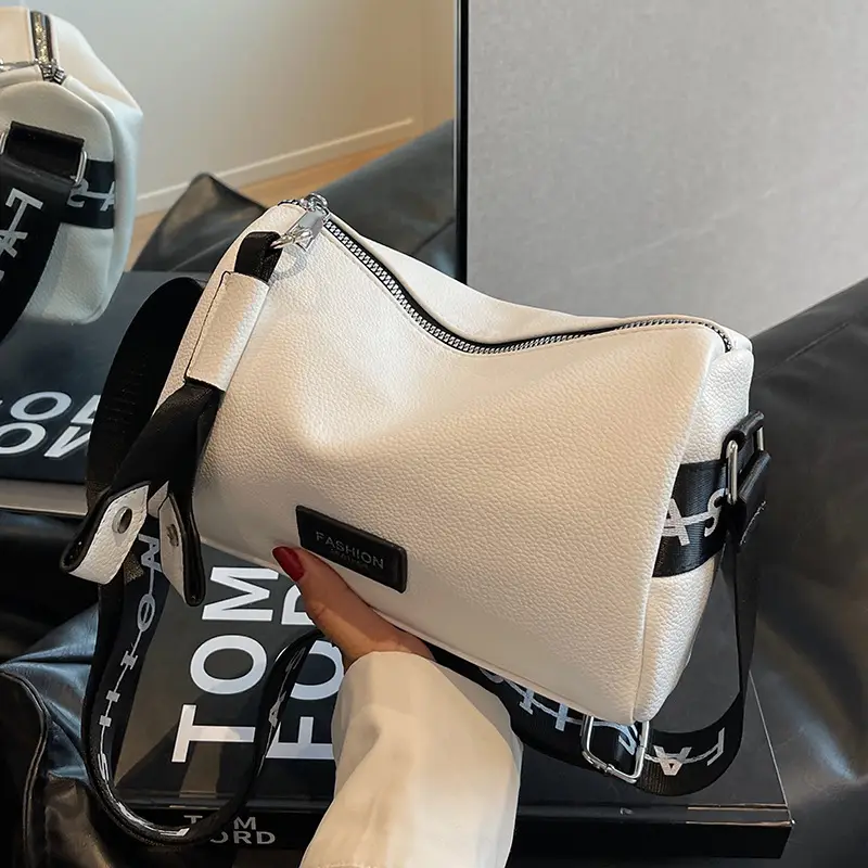 Women's Black Leather Shoulder Crossbody Bag with Wide Strap