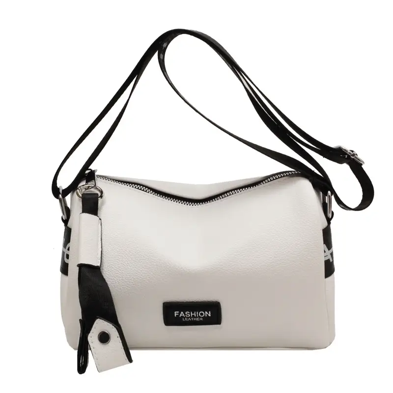 Women's Black Leather Shoulder Crossbody Bag with Wide Strap