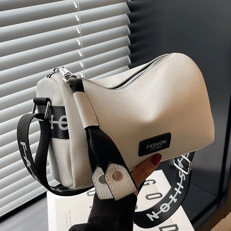 Women's Black Leather Shoulder Crossbody Bag with Wide Strap
