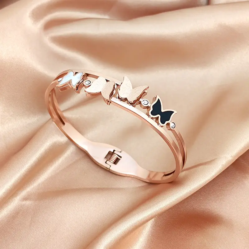 Rose Gold Butterfly Open Bracelet with Sparkling Stones - Image 5