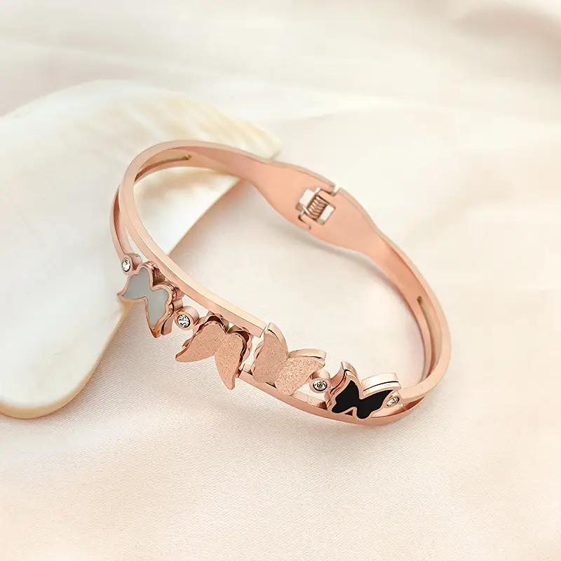 Rose Gold Butterfly Open Bracelet with Sparkling Stones - Image 2