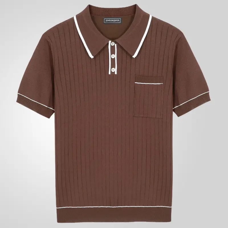 Brown Knit Polo Shirt for Men with White Trim - Image 5