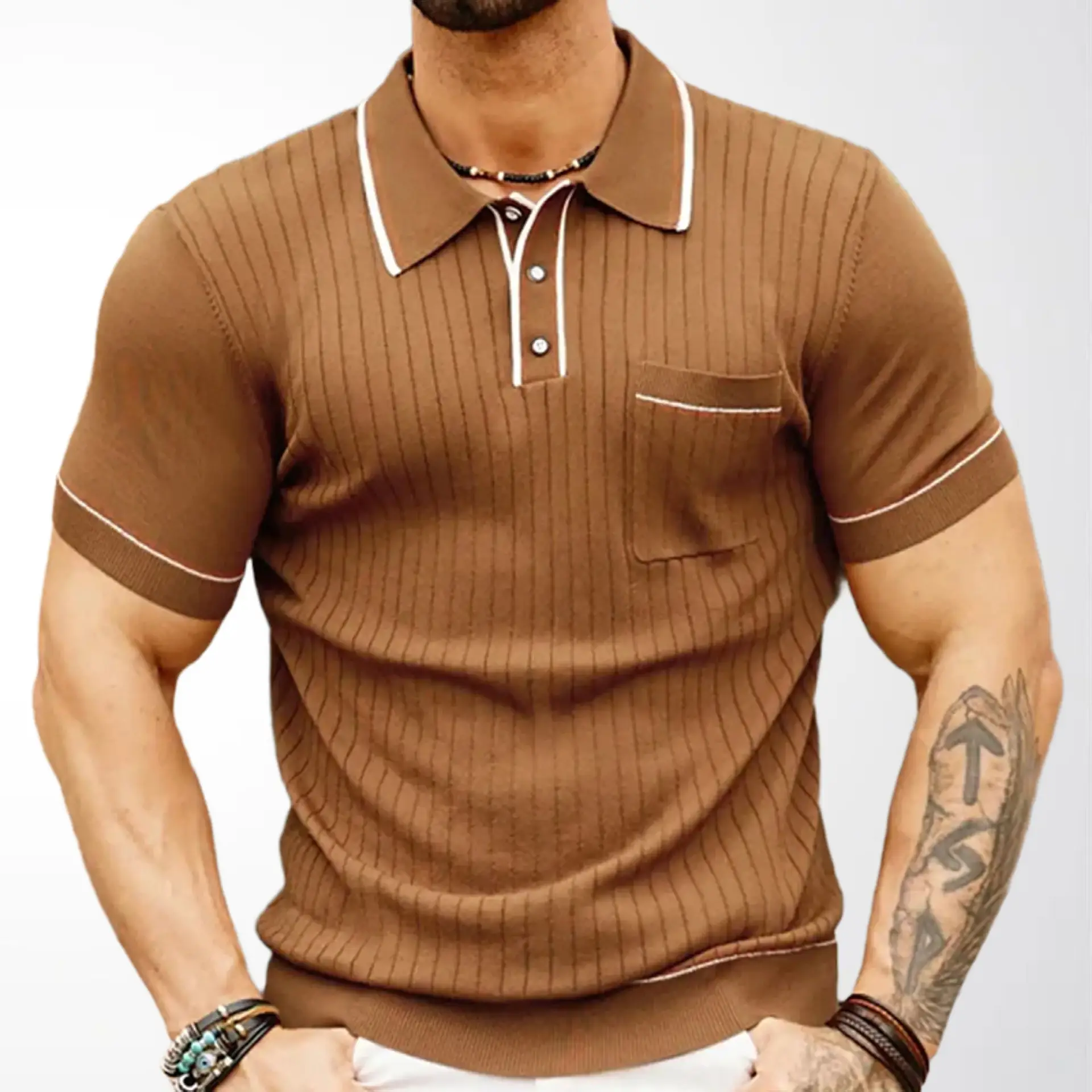 Brown Knit Polo Shirt for Men with White Trim - Image 6