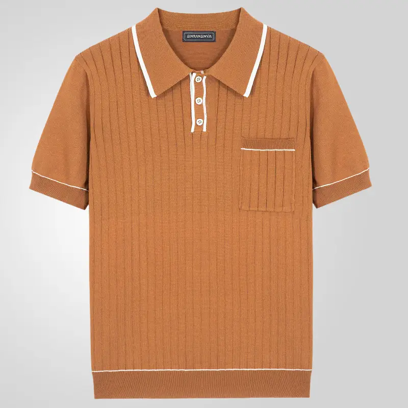 Brown Knit Polo Shirt for Men with White Trim - Image 7