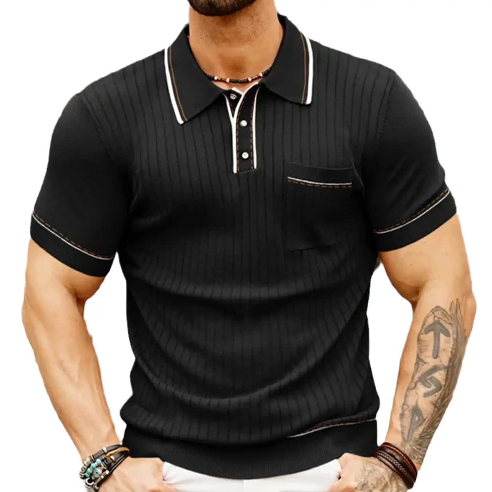 Brown Knit Polo Shirt for Men with White Trim - Image 8