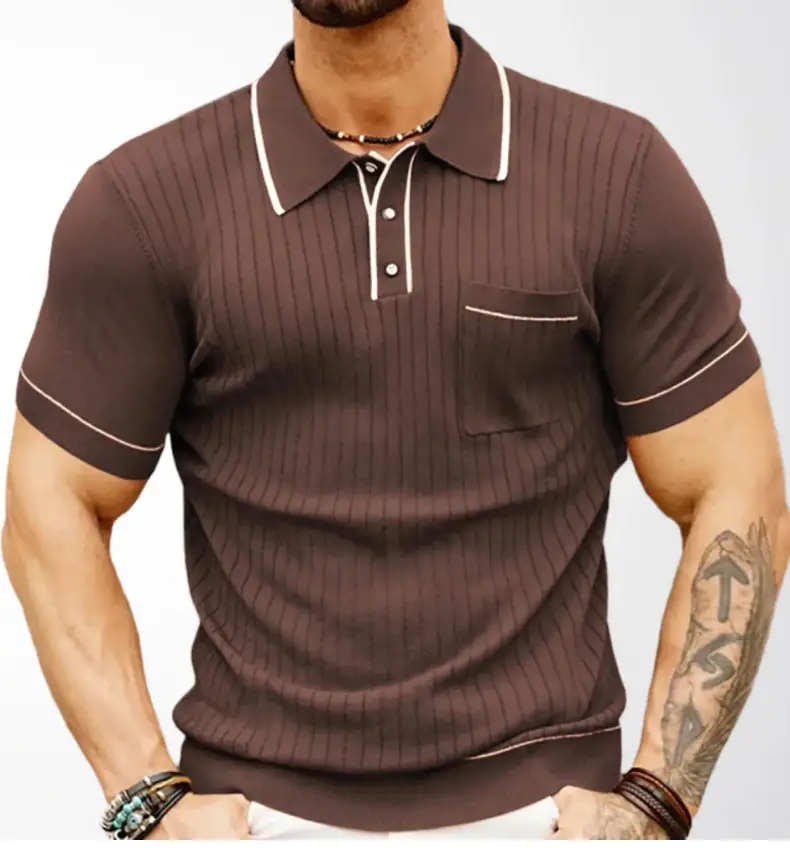 Brown Knit Polo Shirt for Men with White Trim — feature 1