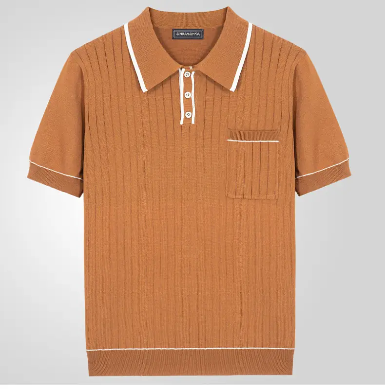 Brown Knit Polo Shirt for Men with White Trim — feature 10