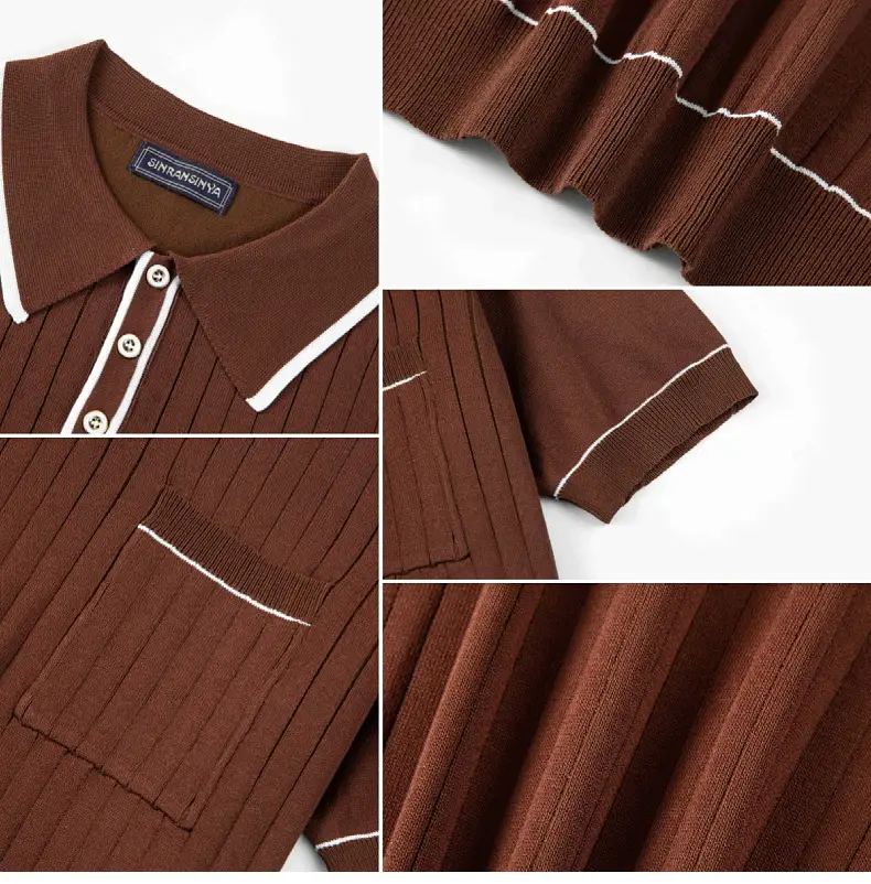 Brown Knit Polo Shirt for Men with White Trim — feature 15