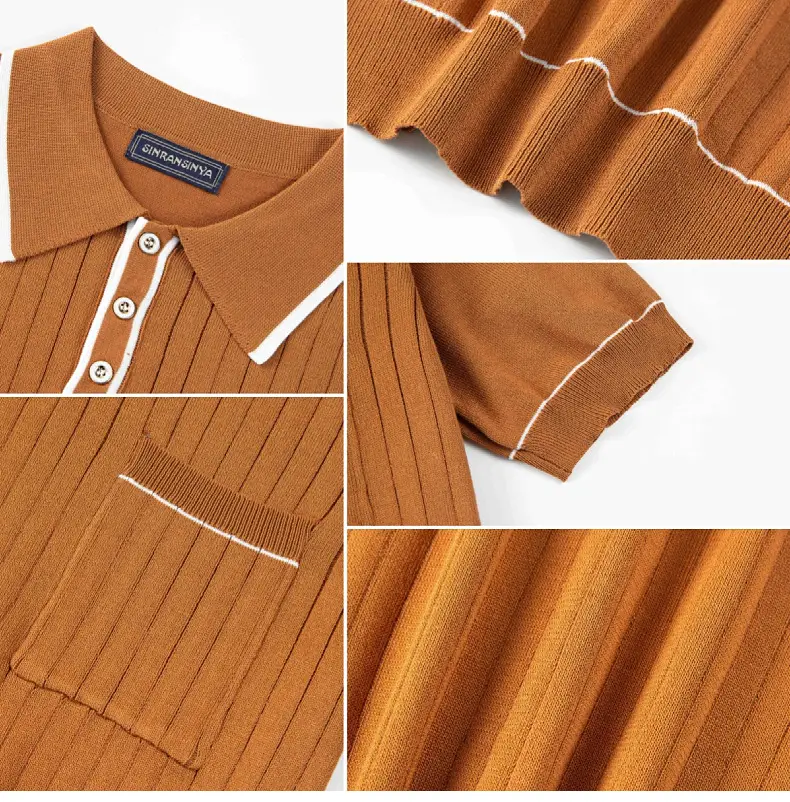 Brown Knit Polo Shirt for Men with White Trim — feature 16