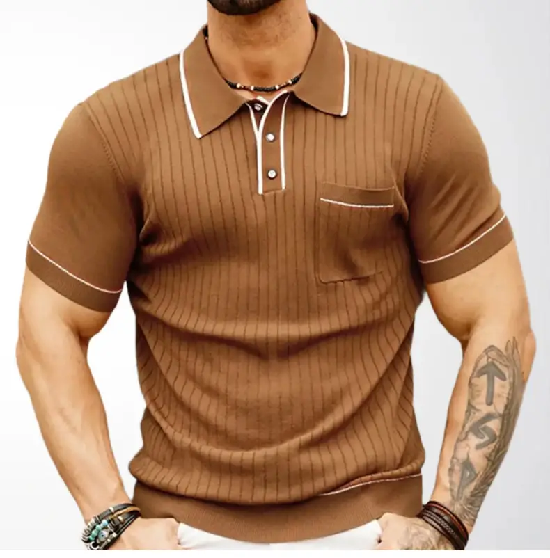 Brown Knit Polo Shirt for Men with White Trim — feature 6
