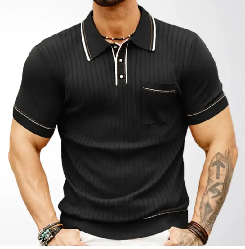 Brown Knit Polo Shirt for Men with White Trim — feature 7
