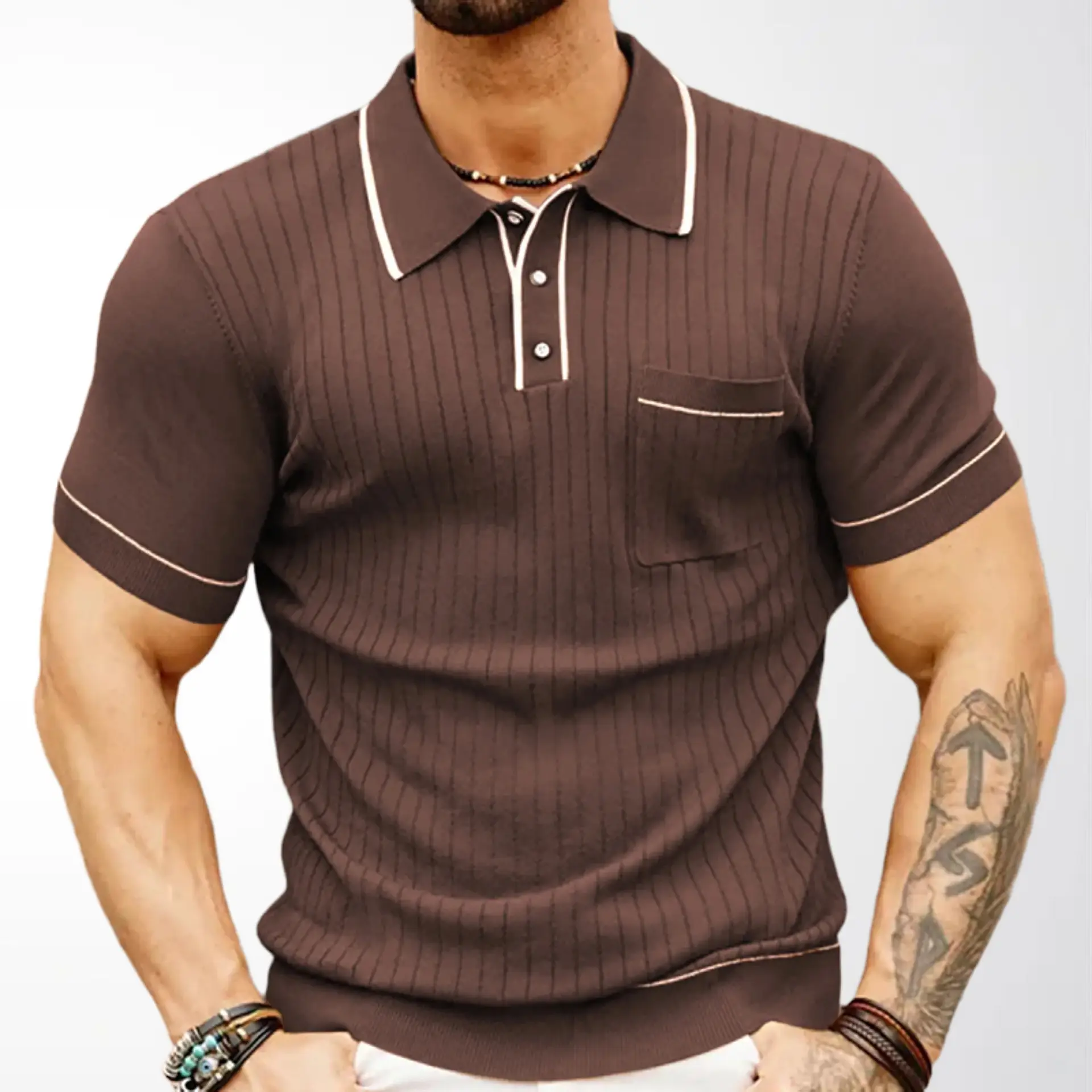 Brown Knit Polo Shirt for Men with White Trim - Image 2