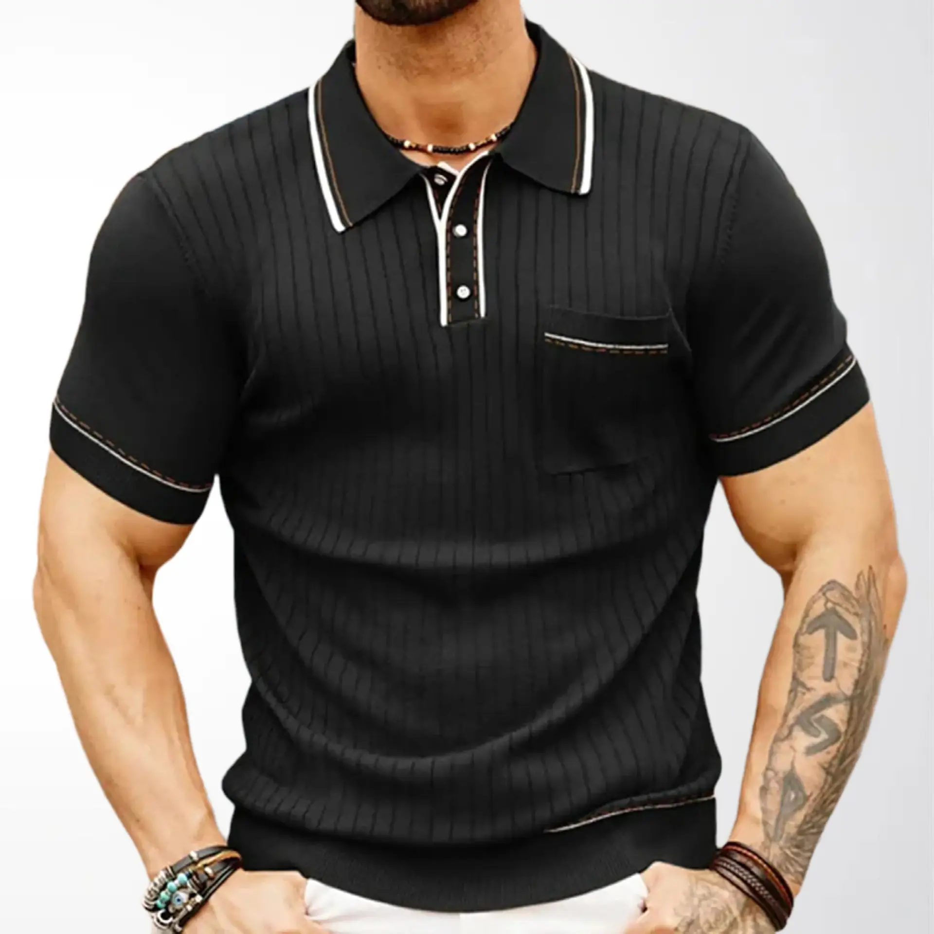 Brown Knit Polo Shirt for Men with White Trim - Image 3