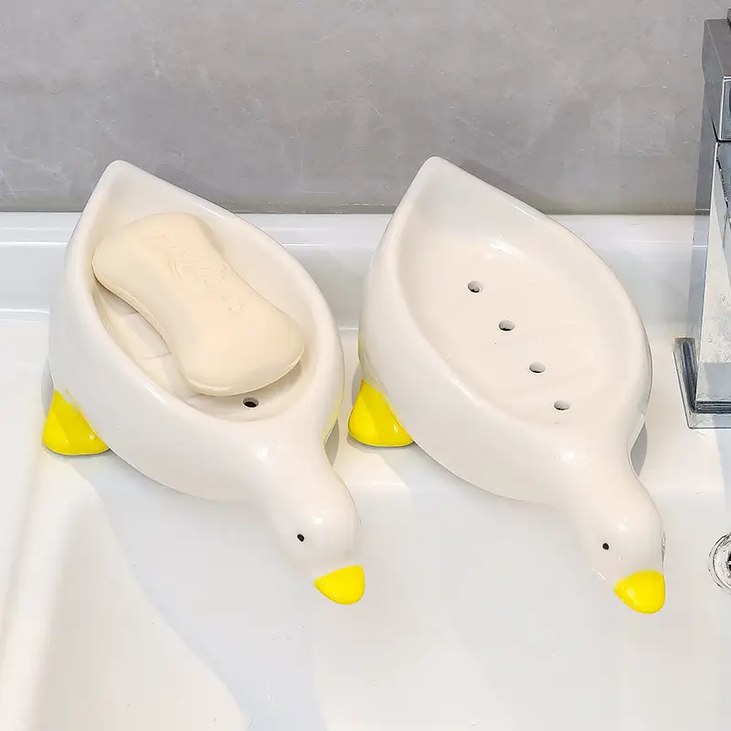Cute White Ceramic Duck Soap Box with Yellow Feet - Image 12