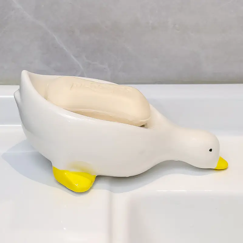 Cute White Ceramic Duck Soap Box with Yellow Feet - Image 13