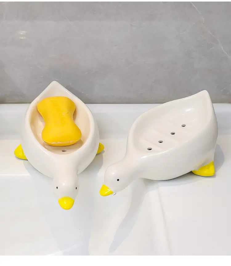 Cute White Ceramic Duck Soap Box with Yellow Feet — feature 4