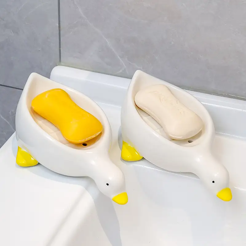 Cute White Ceramic Duck Soap Box with Yellow Feet - Image 2