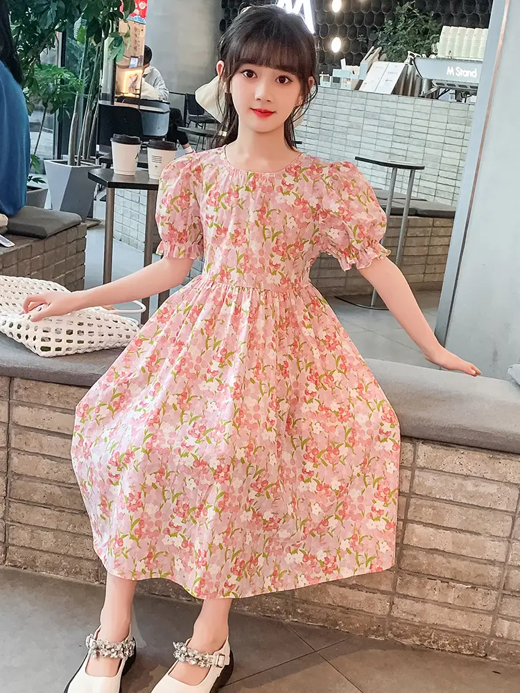 Girls Floral Cotton Dress with Bubble Sleeves - Image 3