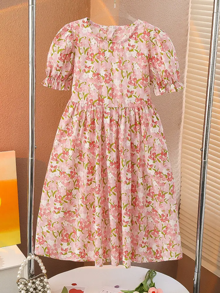 Girls Floral Cotton Dress with Bubble Sleeves - Image 4