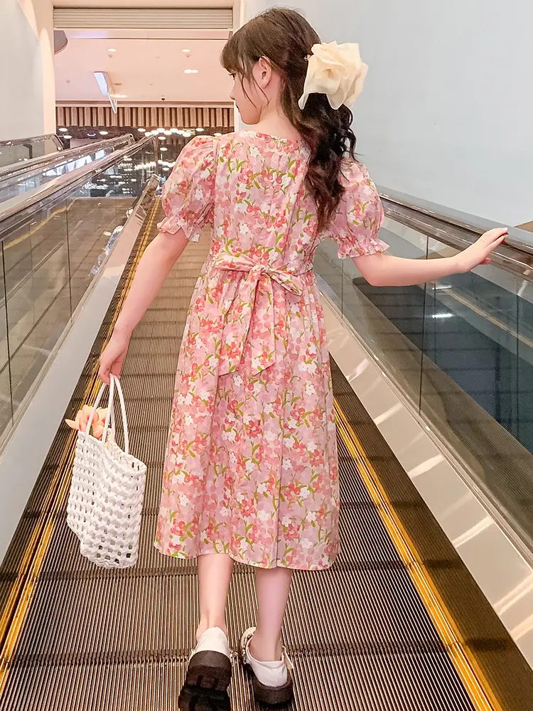 Girls Floral Cotton Dress with Bubble Sleeves - Image 5