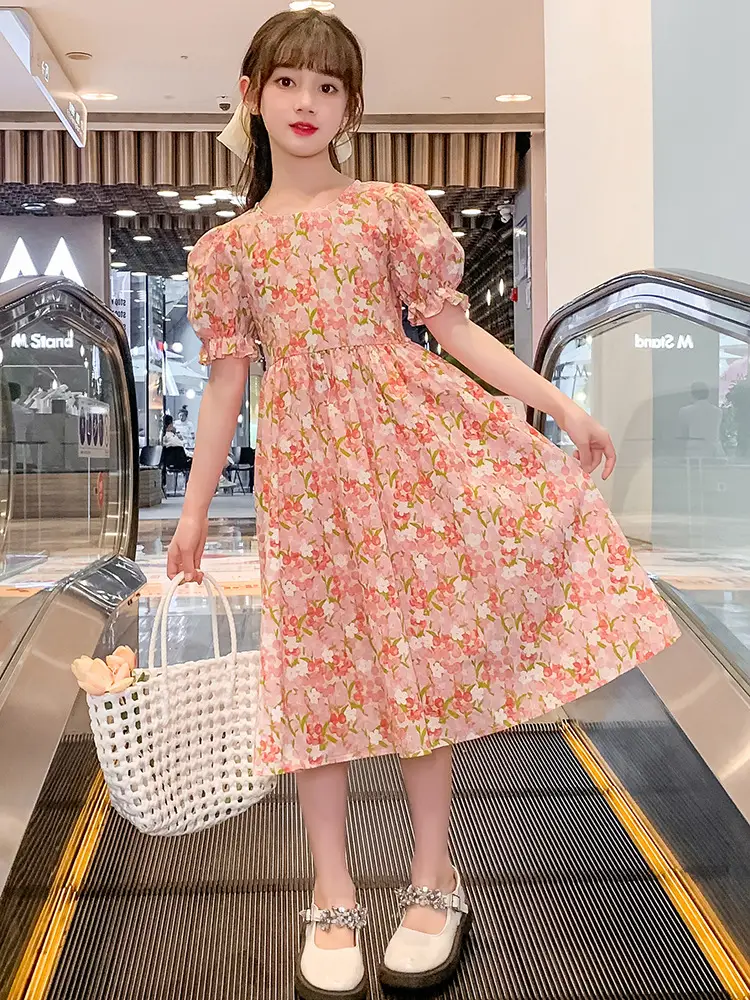 Girls Floral Cotton Dress with Bubble Sleeves - Image 6