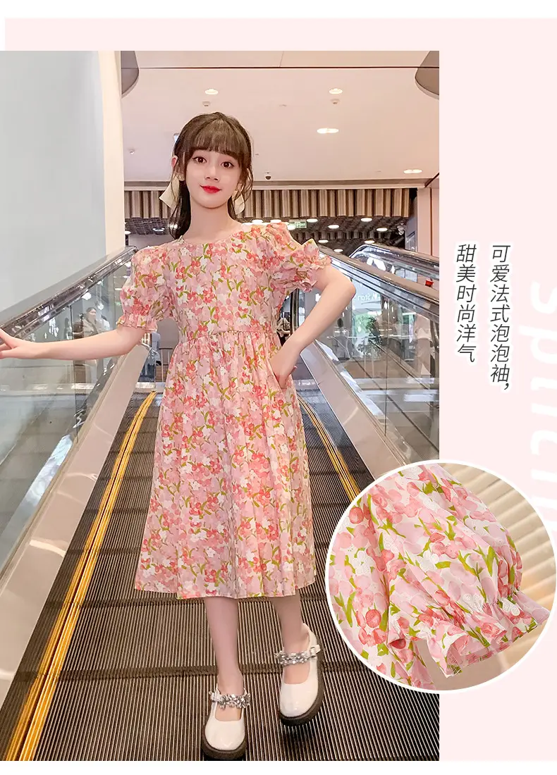 Girls Floral Cotton Dress with Bubble Sleeves — feature 17
