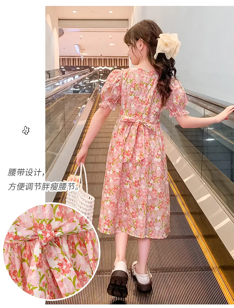 Girls Floral Cotton Dress with Bubble Sleeves — feature 18