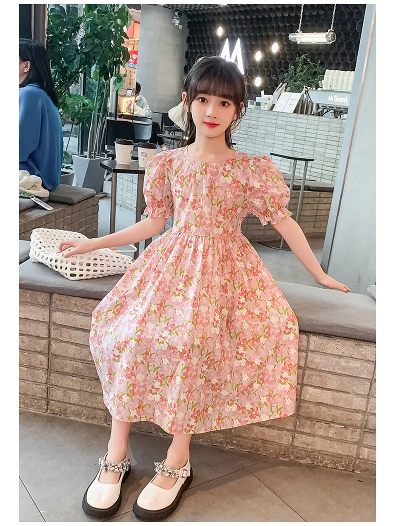 Girls Floral Cotton Dress with Bubble Sleeves — feature 19