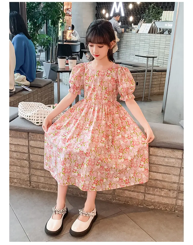 Girls Floral Cotton Dress with Bubble Sleeves — feature 20
