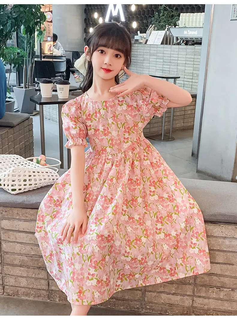 Girls Floral Cotton Dress with Bubble Sleeves — feature 22