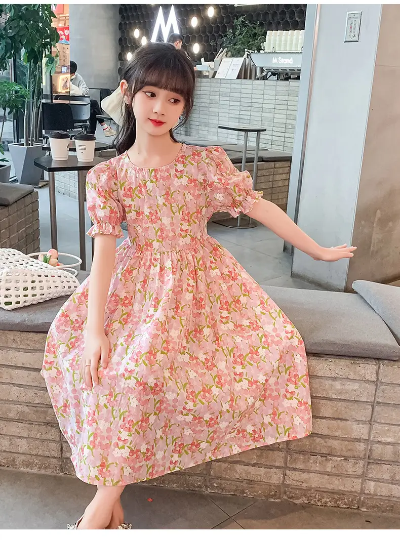Girls Floral Cotton Dress with Bubble Sleeves — feature 23