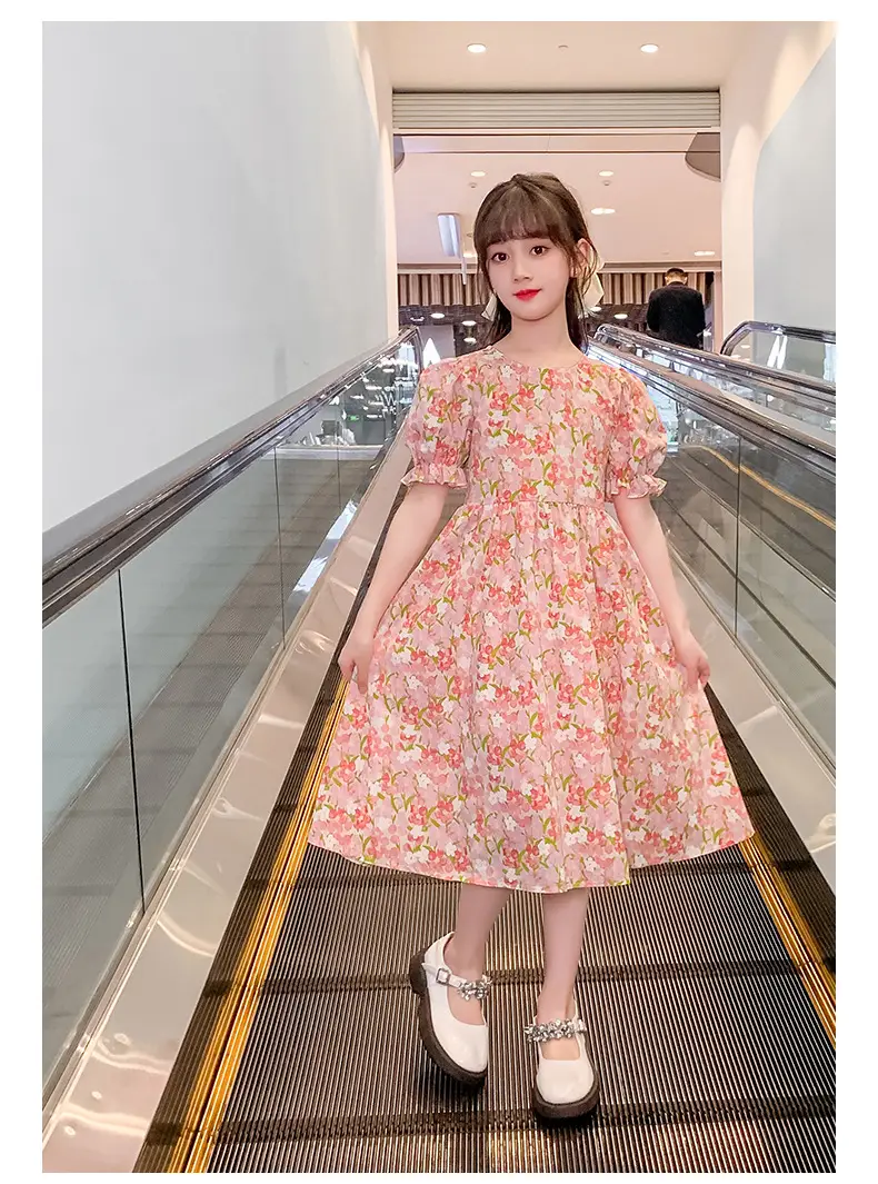 Girls Floral Cotton Dress with Bubble Sleeves — feature 24