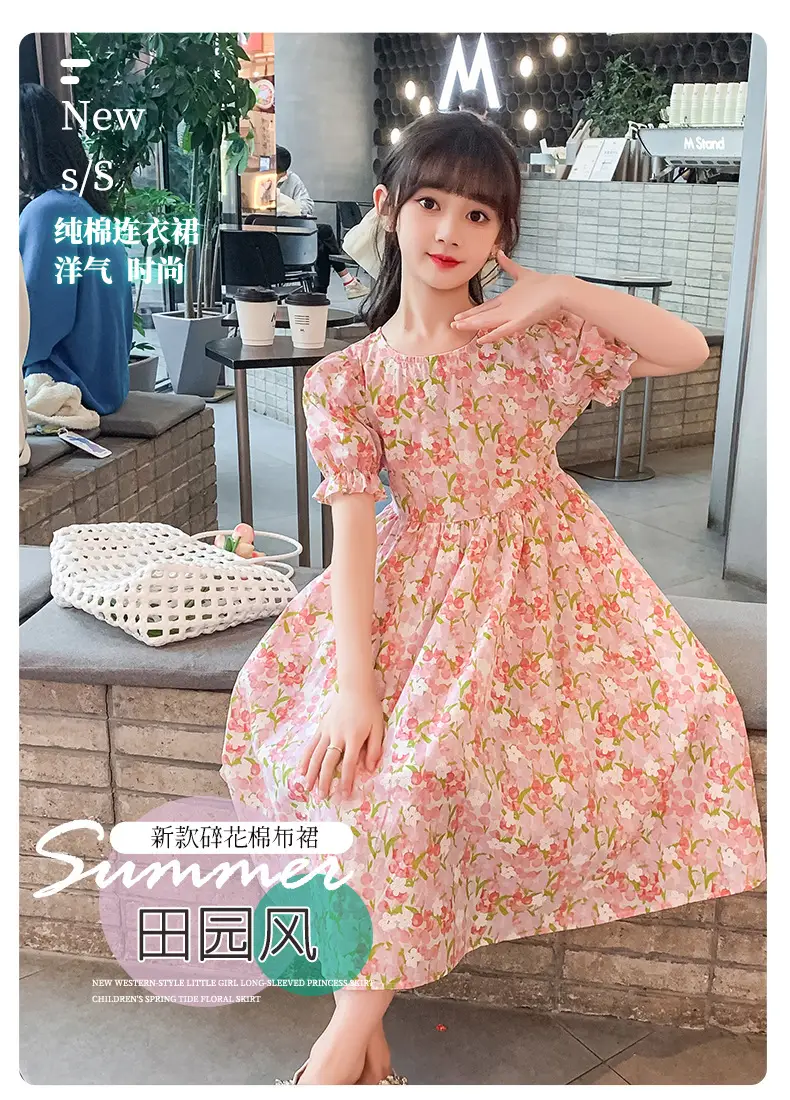 Girls Floral Cotton Dress with Bubble Sleeves — feature 6