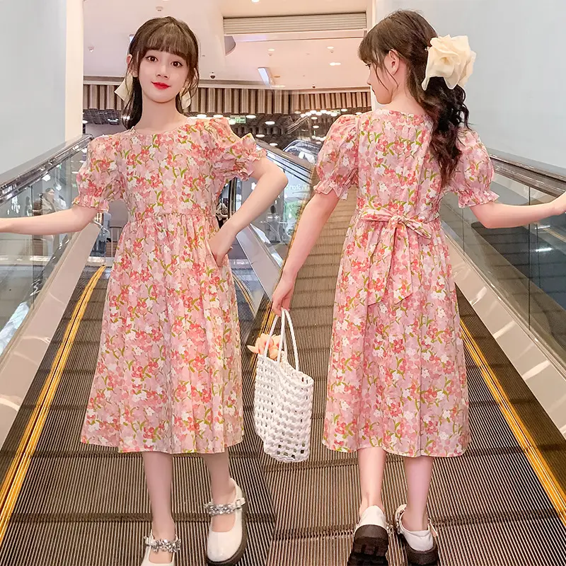 Girls Floral Cotton Dress with Bubble Sleeves
