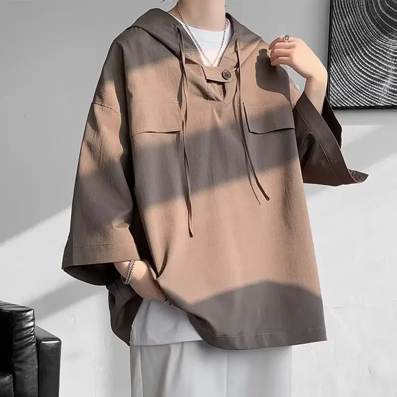 Brown Hooded Seven-Sleeve Men's Polo Shirt - Image 4