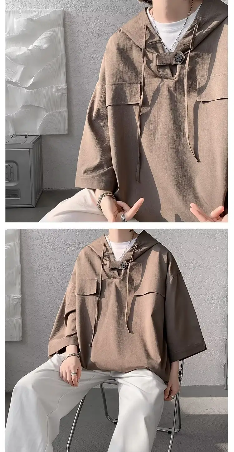 Brown Hooded Seven-Sleeve Men's Polo Shirt — feature 34