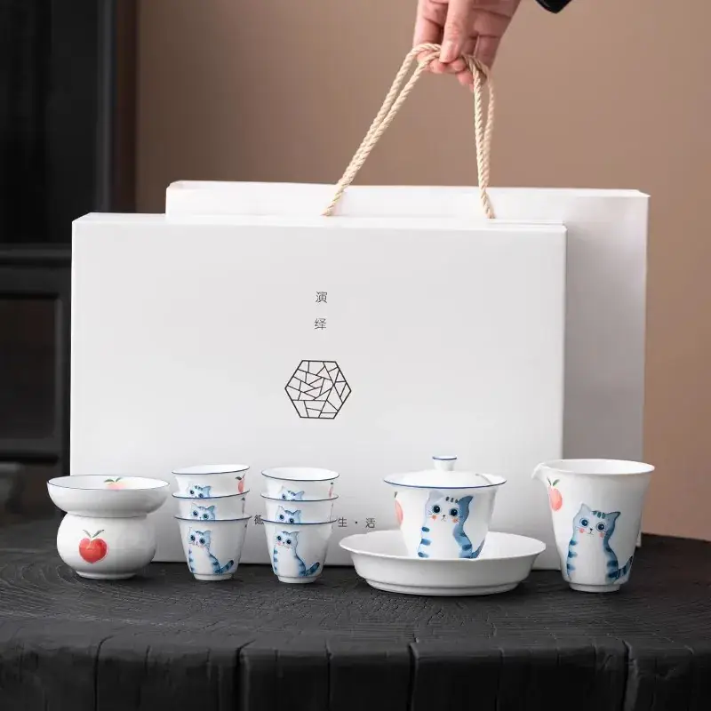 Hand-painted cat ceramic tea set for single cup - Image 14