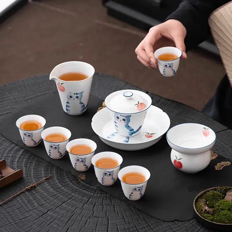 Hand-painted cat ceramic tea set for single cup - Image 15