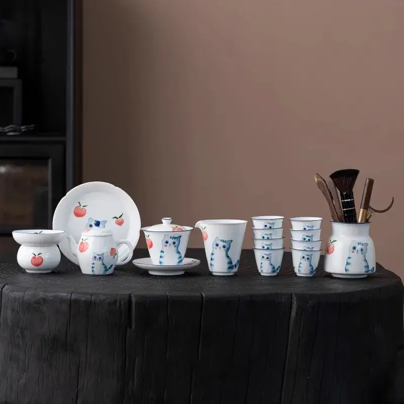 Hand-painted cat ceramic tea set for single cup - Image 16