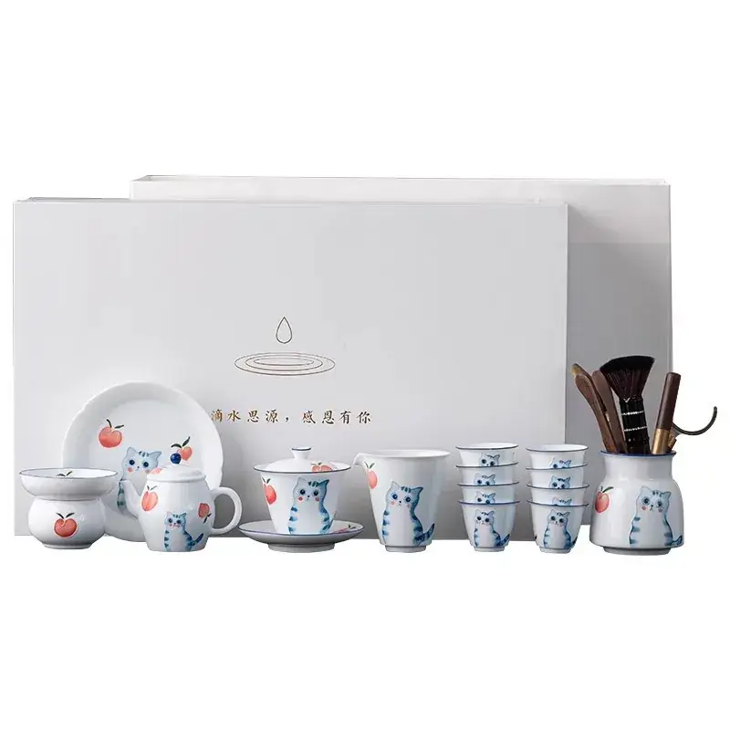 Hand-painted cat ceramic tea set for single cup - Image 17