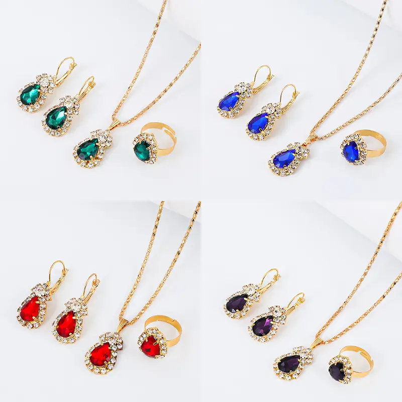 Blue Crystal Water Drop Necklace Set for Women