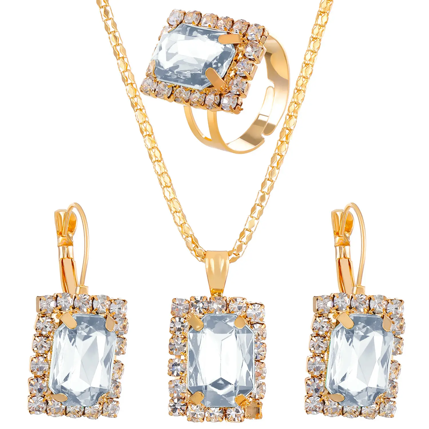 Blue Crystal Water Drop Necklace Set for Women