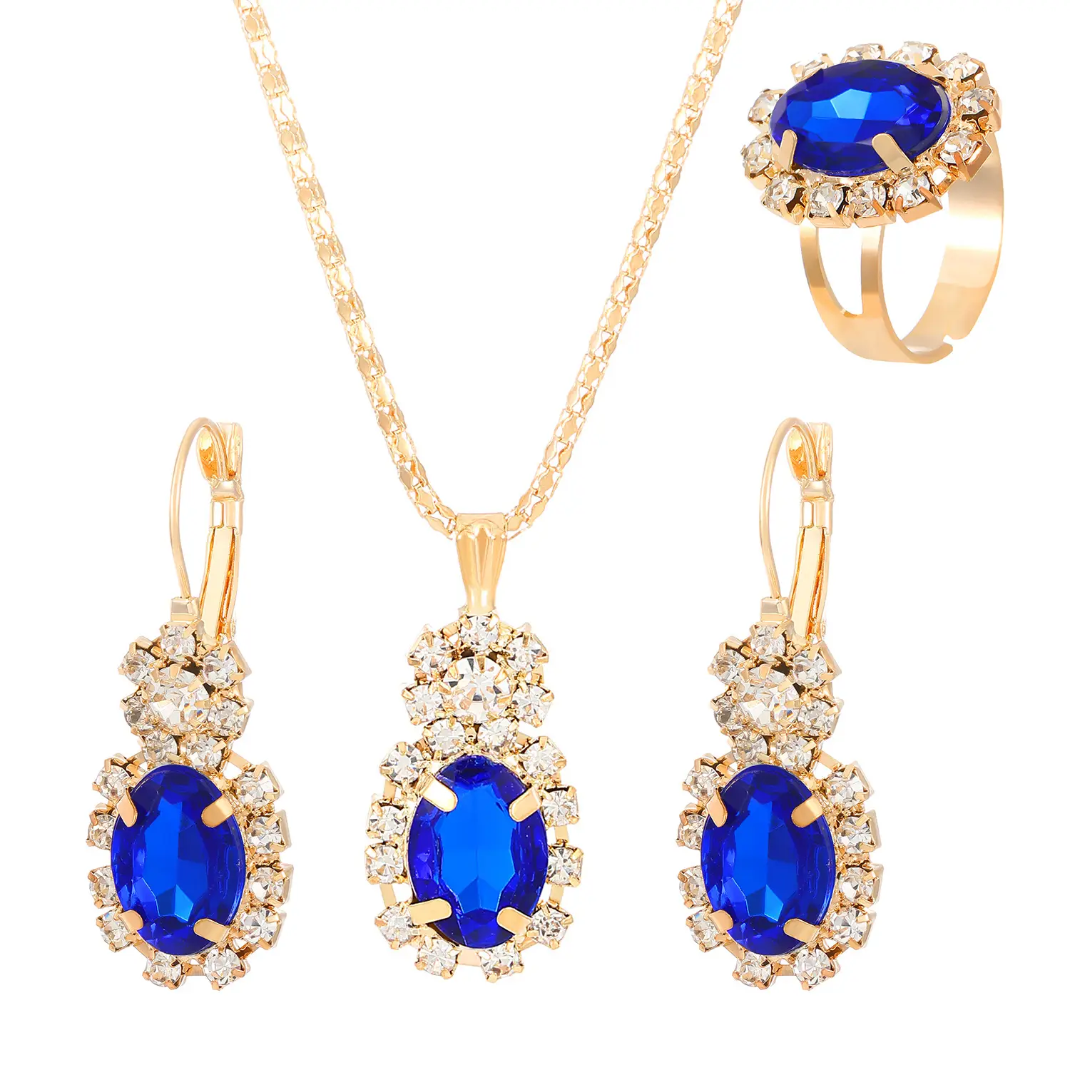 Blue Crystal Water Drop Necklace Set for Women