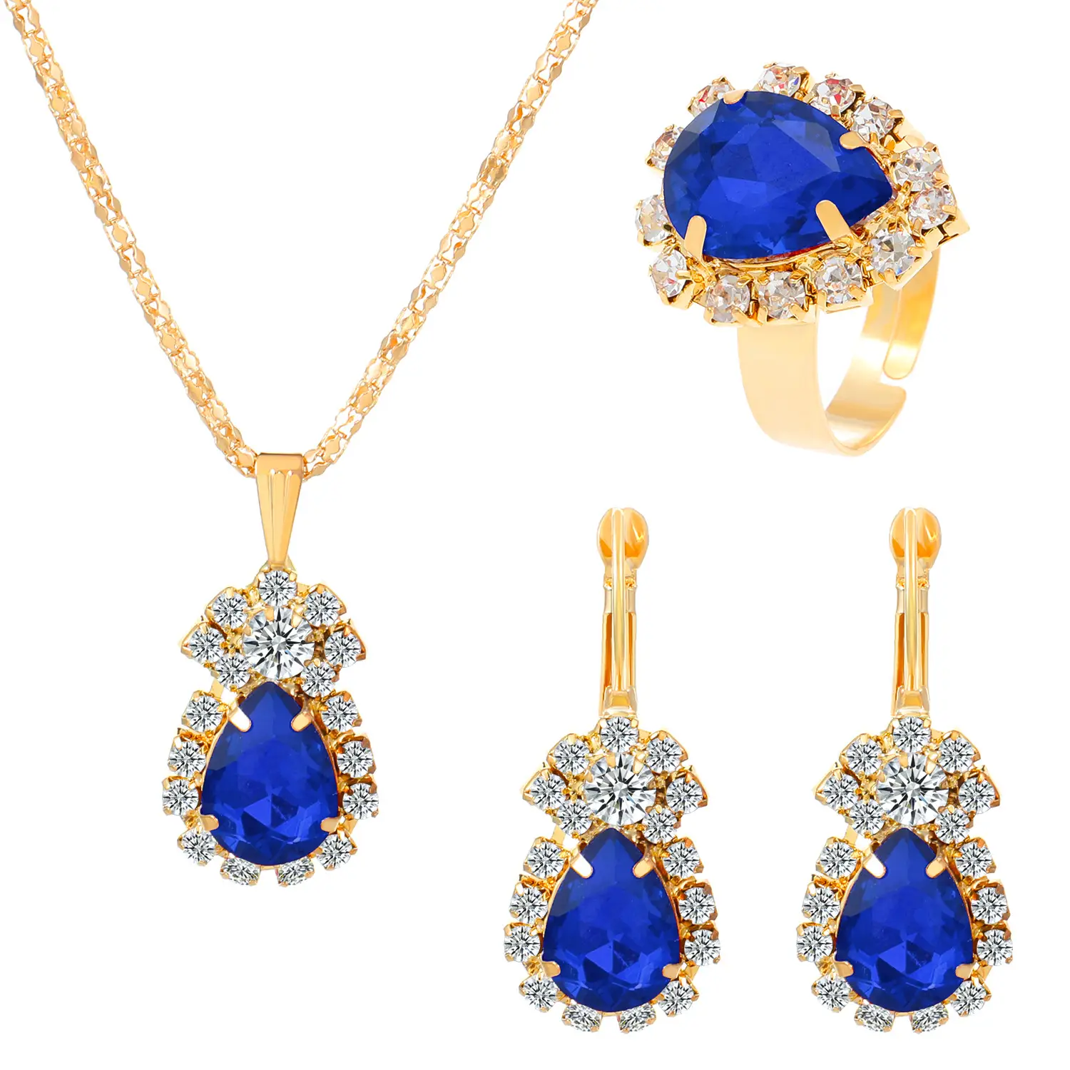 Blue Crystal Water Drop Necklace Set for Women