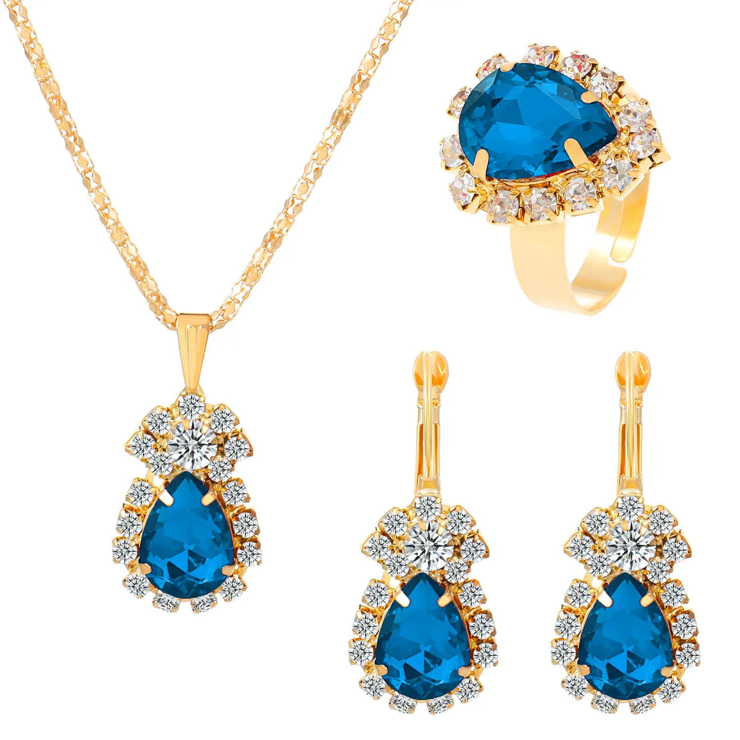Blue Crystal Water Drop Necklace Set for Women